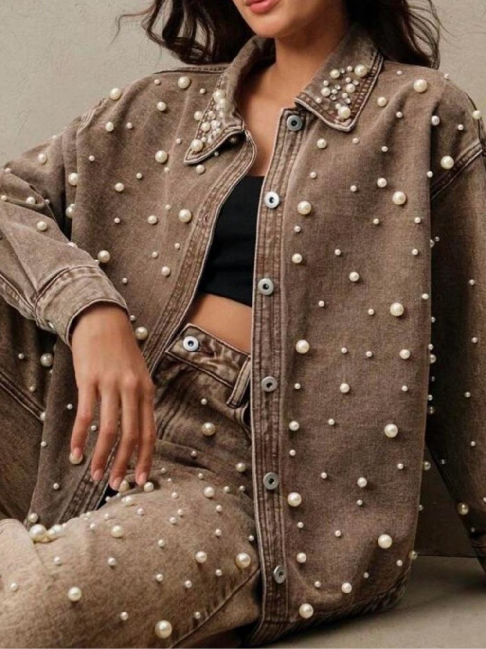Pearl-Embellished Brown Denim Shirt Jacket
